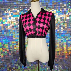 Dreamgirl Cropped Jacket Small Pink Black Checkered Harlequin Clowncore Rave